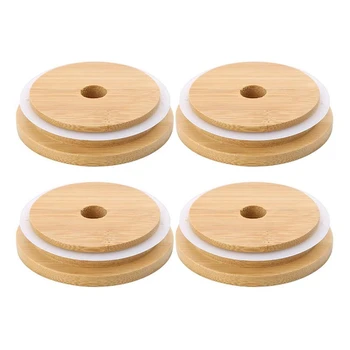 

4Pcs Bamboo Mason Jar Lids with Straw Hole Reusable Wooden Caps Lids and Seal for Canning Drinking Glasses Storage Jars