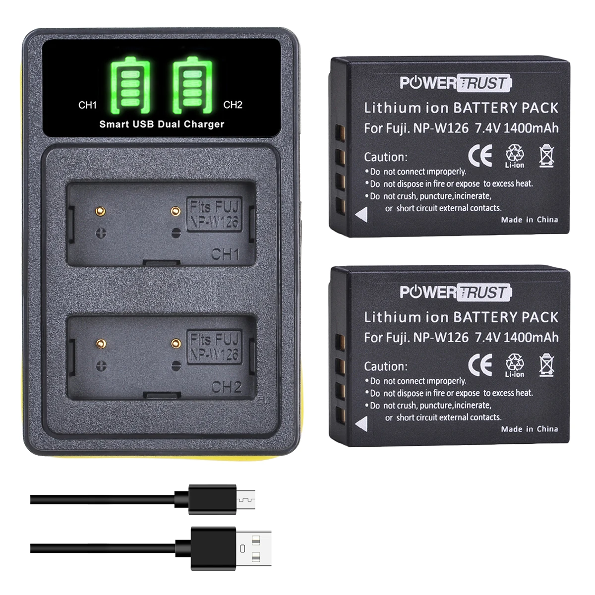 2 Batterie NP-W126S + Caricatore Doppio USB Compatibili Fuji NP-W126 Per Fujifilm X-T3, X-T30, X100V E Altri