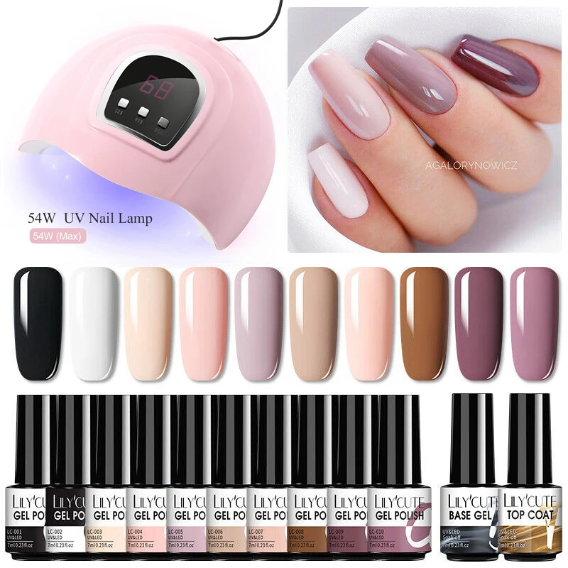 LILYCUTE 10Pcs Gel Nail Polish Set With UV Lamp Nude Gel Semi Permanent Hybrid Varnish Base Top Coat Soak Off UV LED Nail Art
