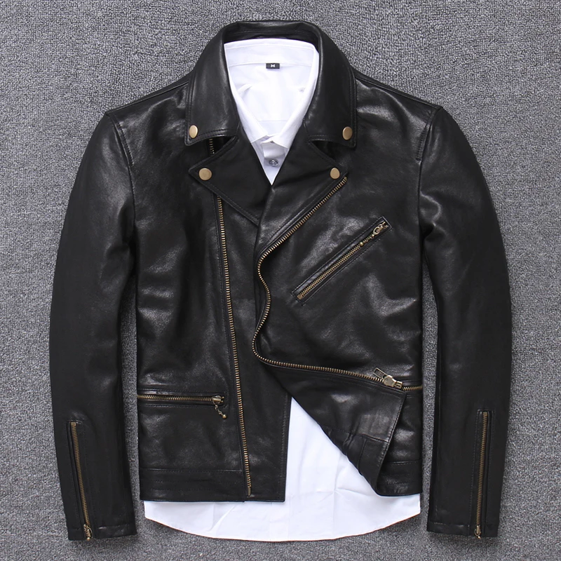 

Men's Sheepskin Coat Short Genuine Leather Jacket Men Vintage Motorcycle Real Leather Jackets Biker Leather Coat 15615 KJ3190