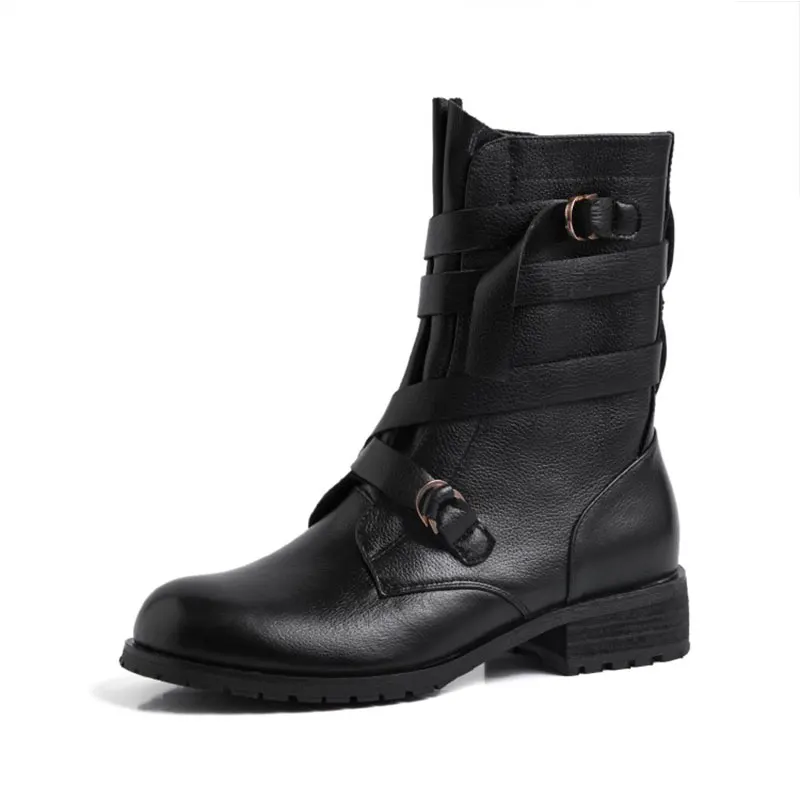 

Women Genuine Leather Autumn Winter Ankle Military Buckle Platform Knight Martin Boots Motorcycle Cowboy Booties