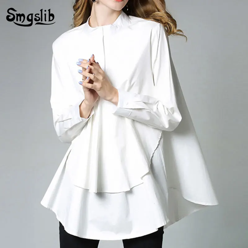 

2019 New Spring Stand Collar Long Sleeve Solid Color Black White Asymmetry Loose Big Size Shirt Women Fashion Tide