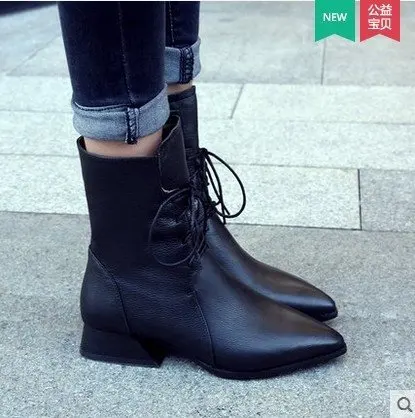 Skup Sznurowane seksowne zimowe botki damskie buty na wysokim obcasie krótkie pluszowe szpiczasty nosek modne buty motocyklowe dfv56