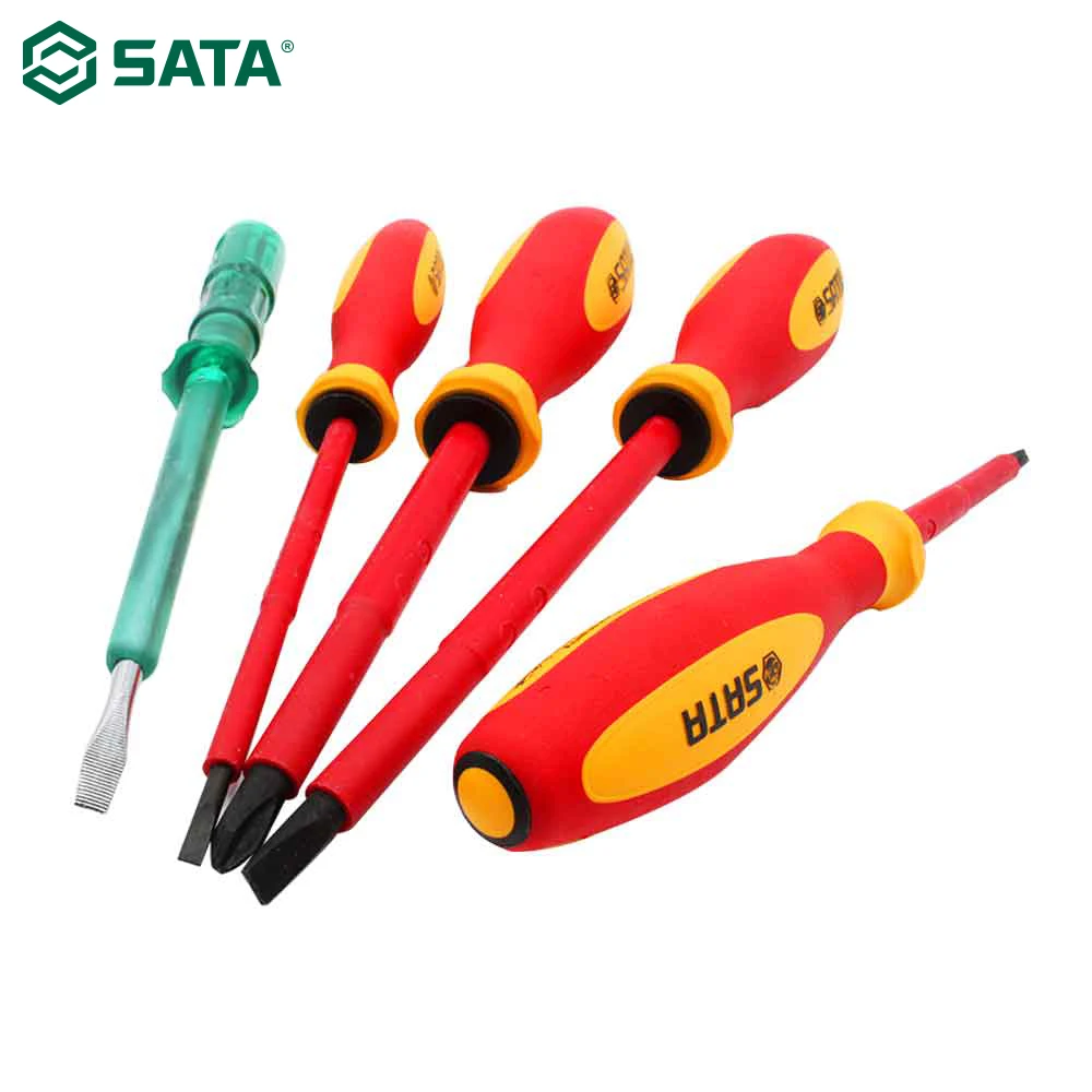 

SATA 5pcs VDE Insulated 1000V Screwdrivers and Voltage Tester Set Electricians Slotted & Phillips Screwdriver Kits 09302