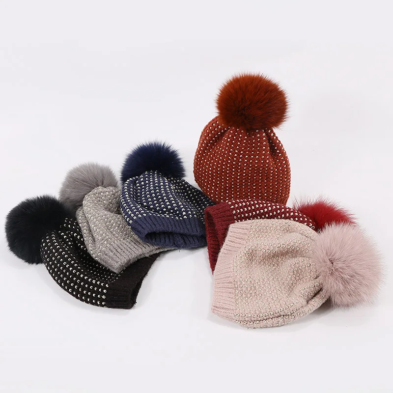 Skullies зимняя шапка Роскошное Качество помпон из лисьего меха шапки Золотая