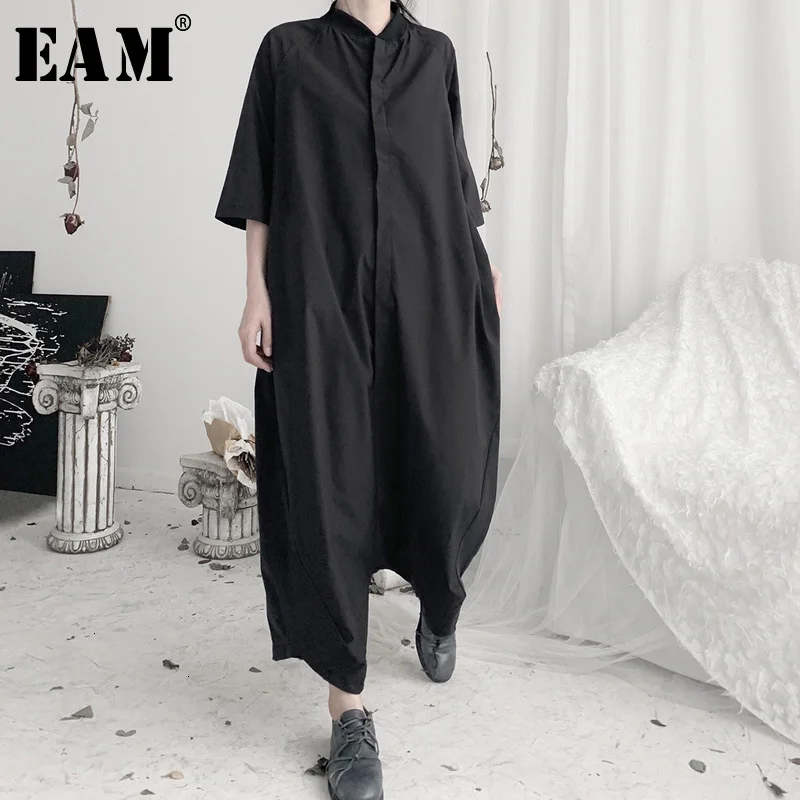 

[EAM] Loose Fit Women Black Long Wide Leg Jumpsuit New High Waist Pocket Stitch Pants Fashion Tide Spring Autumn 2020 19A-a632