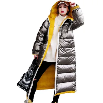 

2019 Women's Down Jacket Winter Glossy Silver Grey Plus Size Hooded Warm Parka Outwear Over The Knee Long Cotton Coats Female