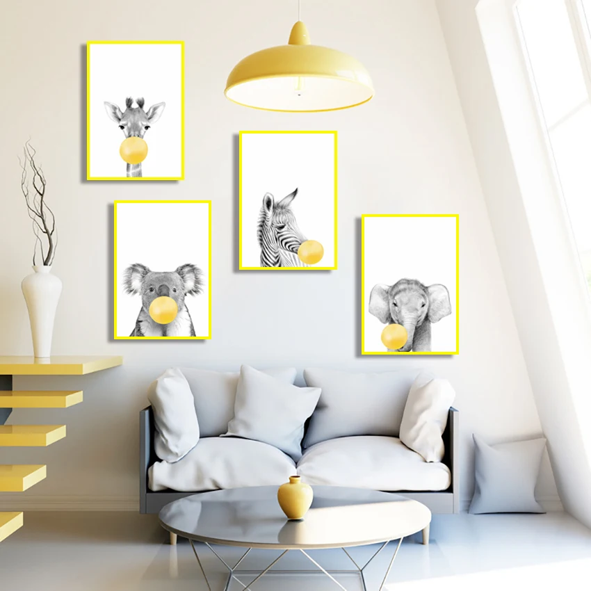 Zebra-Elephant-Giraffe-Koala-Canvas-Painting-Bubble-Gum-Poster-Safari-Animal-Print-Black-and-White-Wall