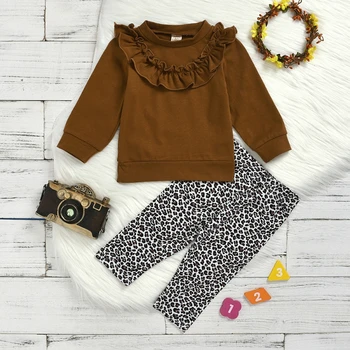 

Newborn baby Girls Set Brown Leopard long-Sleeve Tops pants Infant Clothing Suit round collar Infant two-piece
