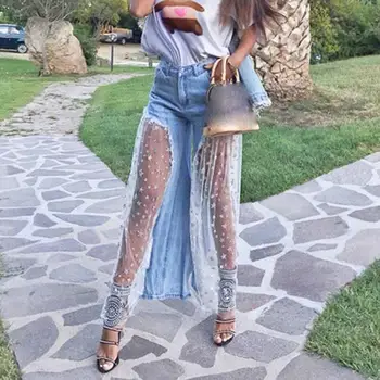 

New Women Patchwork Transparent Mesh Jeans Loose Ladies Jeans Wide Leg Sexy Star Sequined Denim Trousers