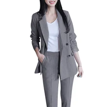 Женский блейзер брючный костюм набор Зубчатый воротник двубортный Блейзер пиджак брюки костюм полосатый OL пальто укороченные брюки повседневные 2 шт