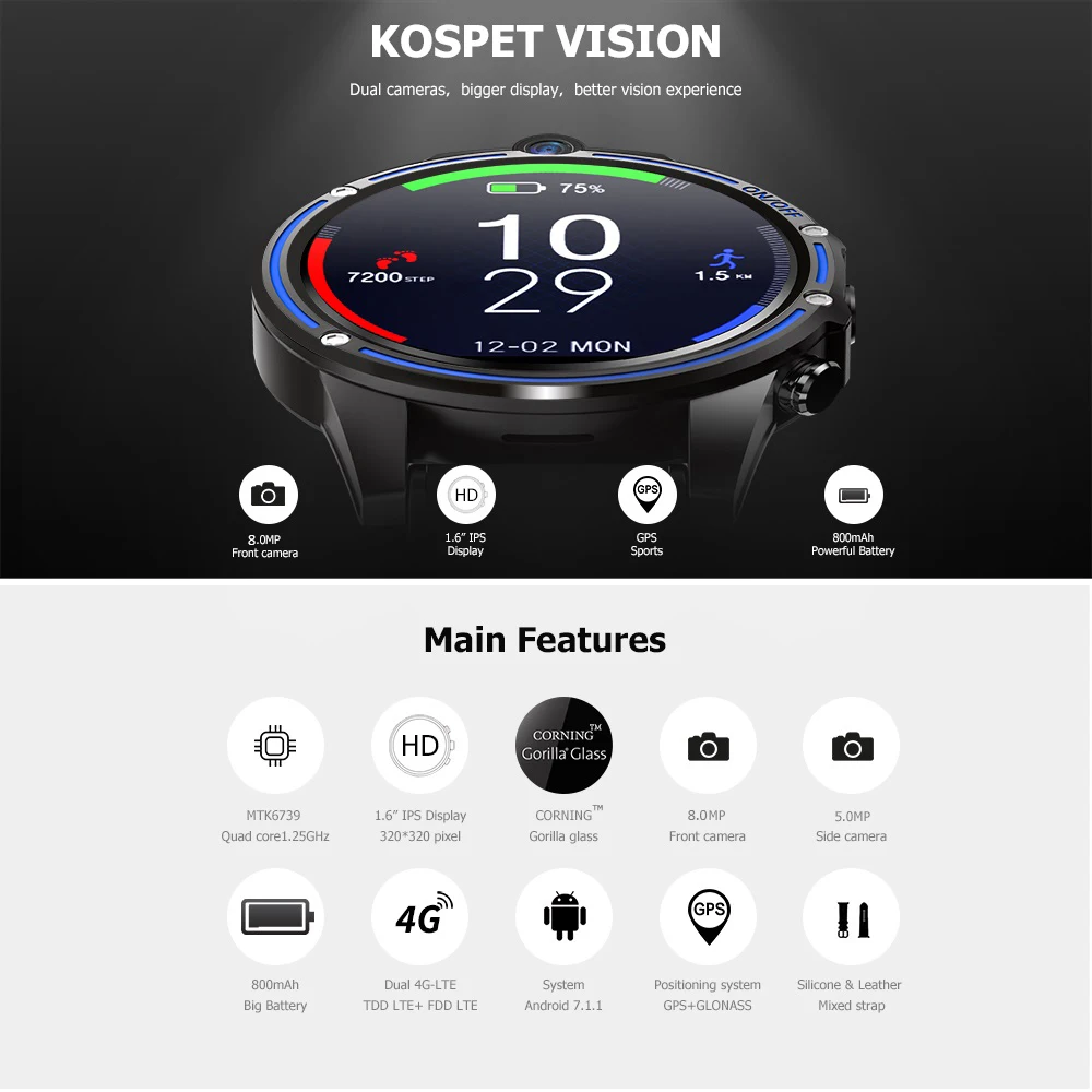 Часы 4G сетевой телефон Kospet Vision Smart 3 ГБ ОЗУ+ 32 Гб ПЗУ двойная камера ips gps+ ГЛОНАСС для iOS 9,0 и Android долгий режим ожидания