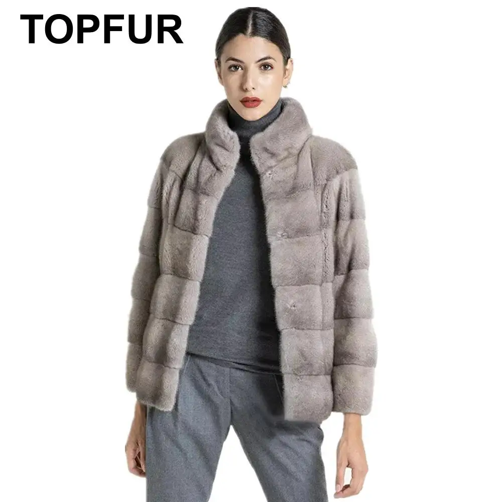 Модный светильник TOPFUR серое пальто с меховым воротником зимнее для женщин