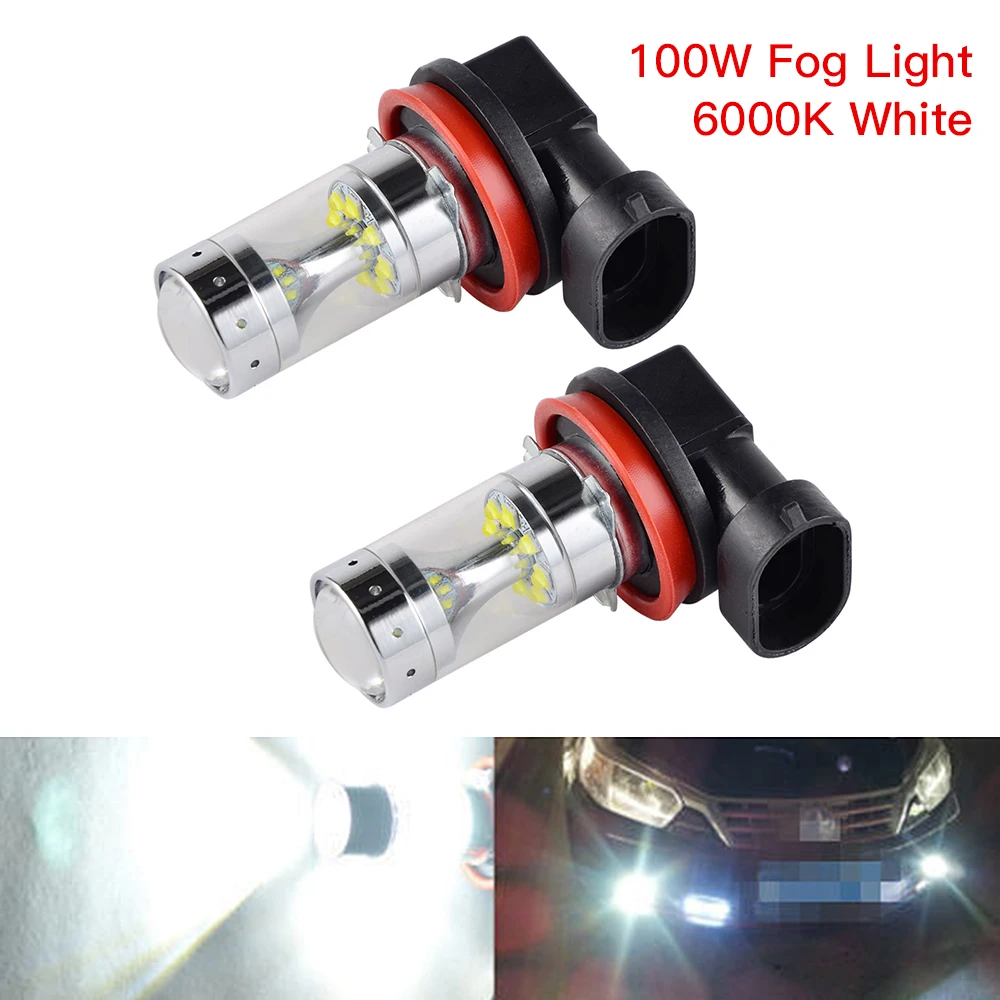 

H2CNC 2pcs H16 High Power 100W 2400LM 90 Angle 6000K White Fog Light LED Bulbs