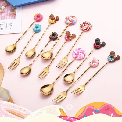 Cuchara de acero inoxidable para rosquilla de Mickey, tenedor para pastel, café, postre, helado dorado, cucharas agitadoras de dulces, cucharilla de té de dibujos animados, 1 ud.