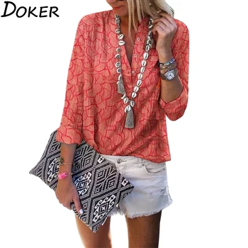 

2020 Print Plus Size Womens Tops And Blouses V-neck Long Sleeve Office Woman Blouses Shirts Women Streetwear Blouse Femme