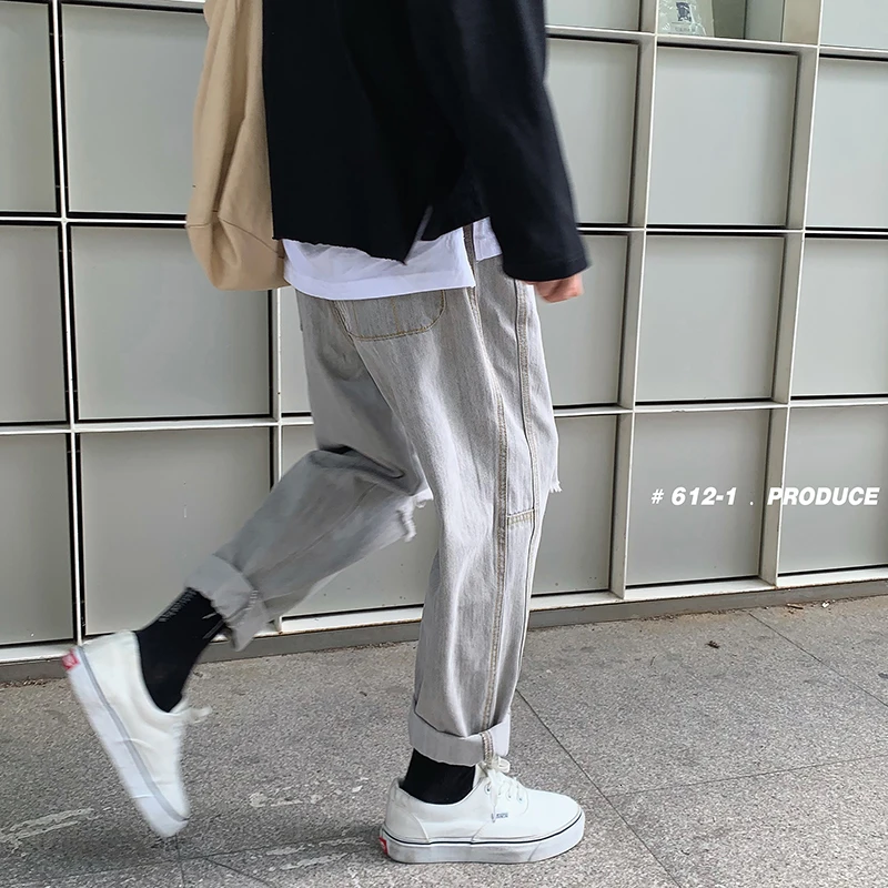Men's jeans autumn and winter new loose solid color hole small feet jeans youth personality fashion trend men's clothing