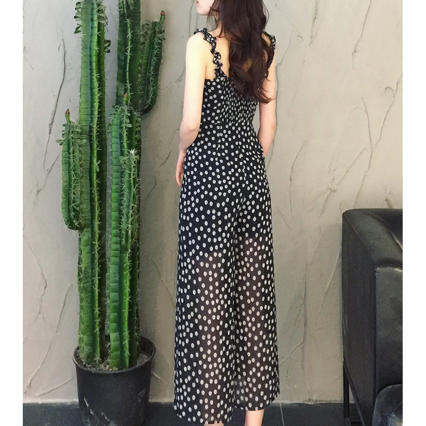 

Fashion Women Chiffon Jumpsuits Casual Printed Holiday Wide Leg Pants Suspender Jumpsuit Elastic Wasit Strappy Long Playsuit