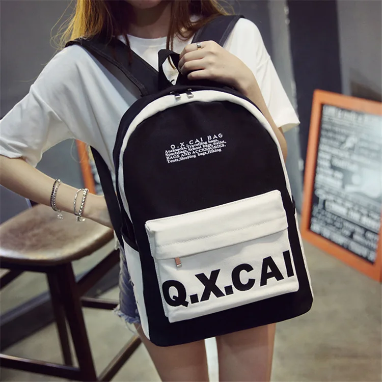 

Patchwork black white school backpacks for girls high quality nylon zipper school bags for girls college students schoolbags