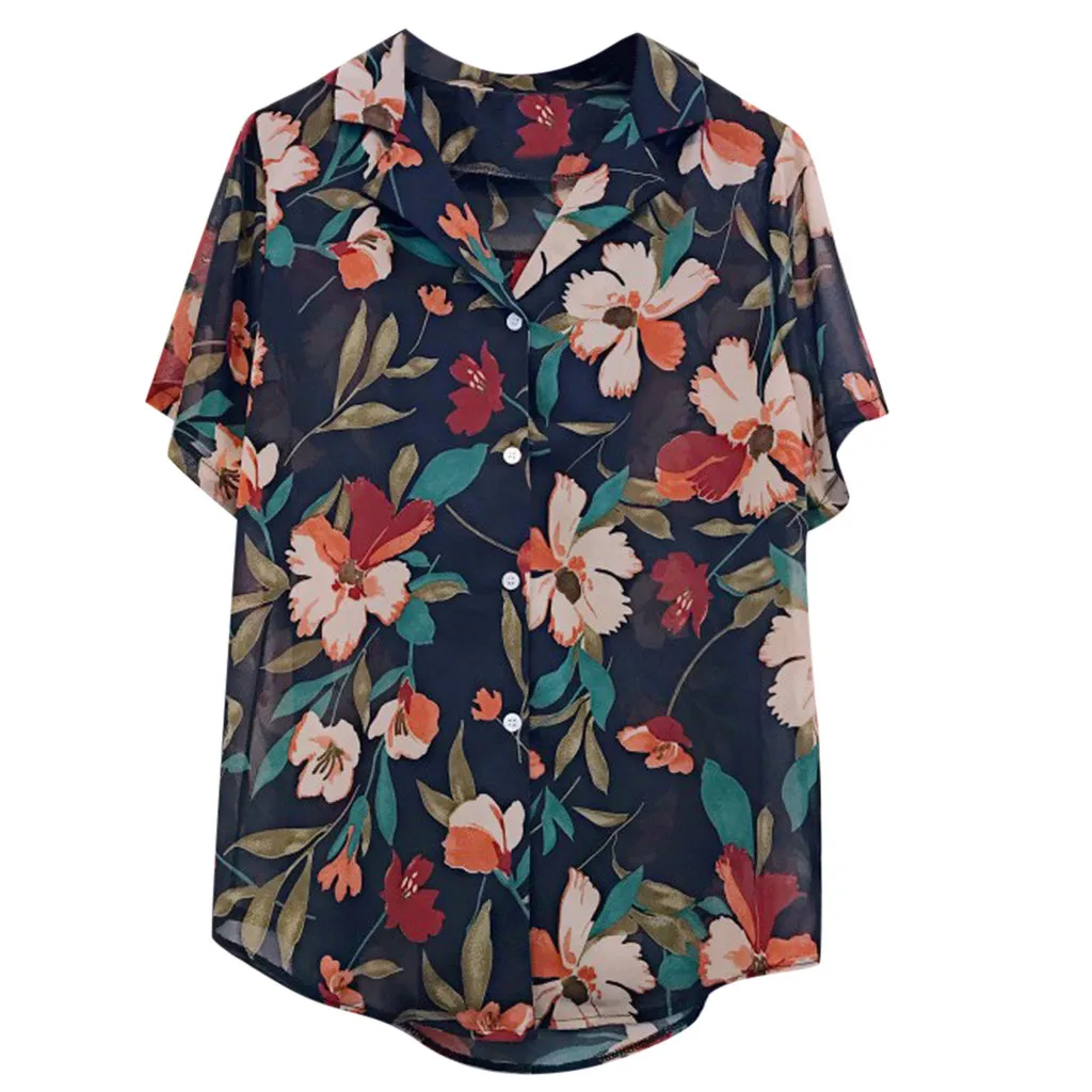 Женский Повседневный свободный из шифона топы с цветочным принтом Кнопка