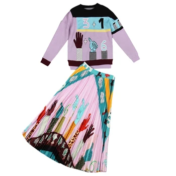 

New skirt European and American high-end printing printed pleated top and skirts sets