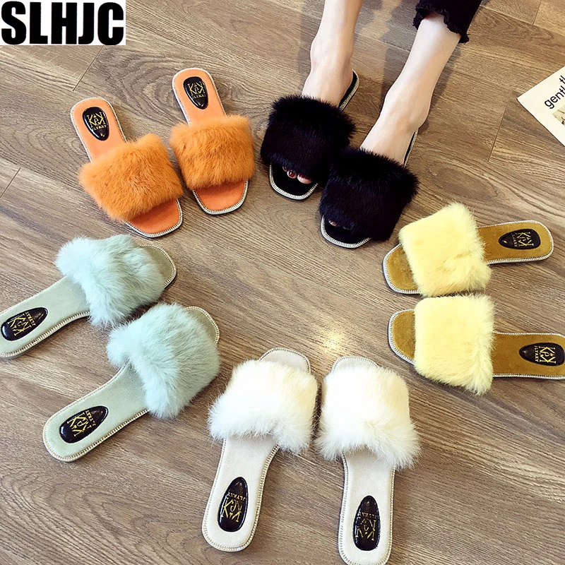 

SLHJC 2019 Autumn Flat Heel Fur Slippers Open Toe Candy Color Sweet Outside Floor Home Slides Shoes Anti Skid