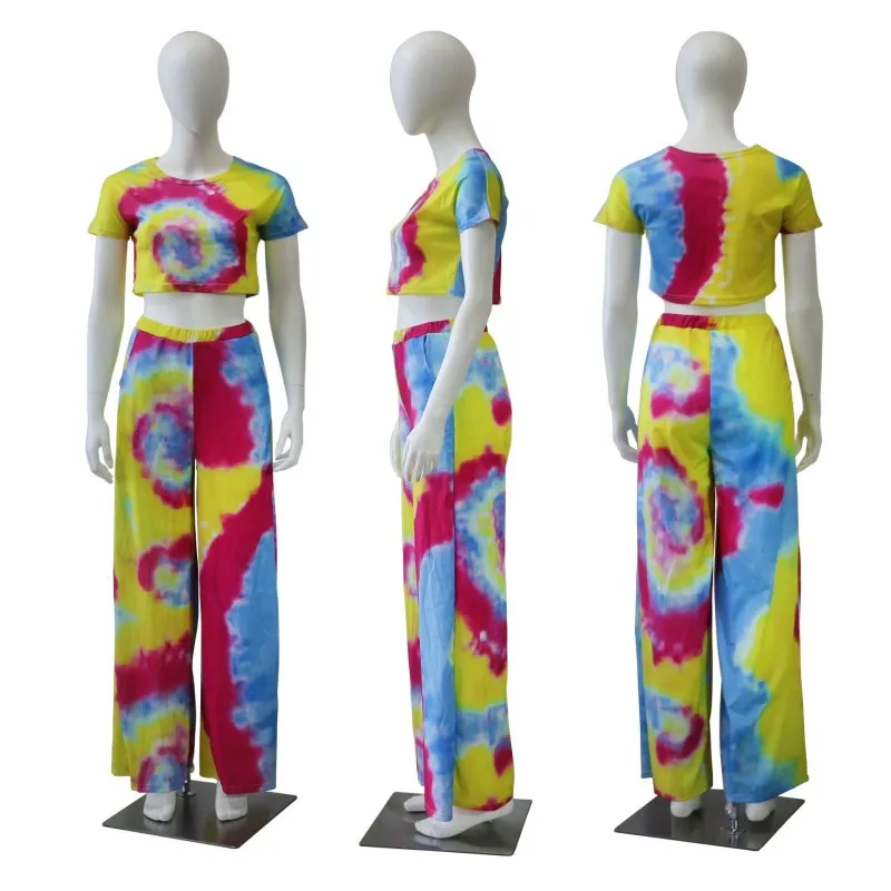 Женский костюм-двойка с короткими рукавами летний укороченный топ и широкие