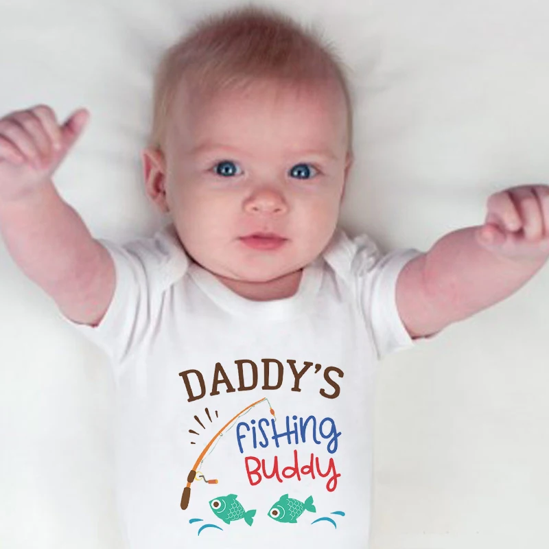 Cotton Newborn Baby Boy Girl Short Sleeve Romper Letter Print Daddy's Fishing  Buddy Romper Outfits Summer Baby Clothes White