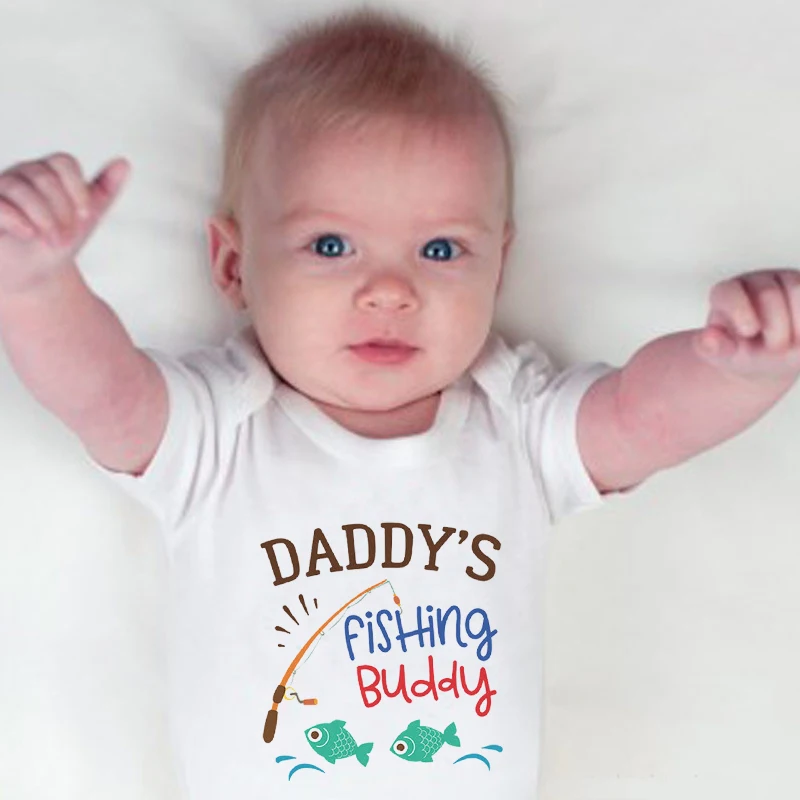 Cotton Newborn Baby Boy Girl Short Sleeve Romper Letter Print Daddy's Fishing Buddy Romper Outfits Summer Baby Clothes White 2