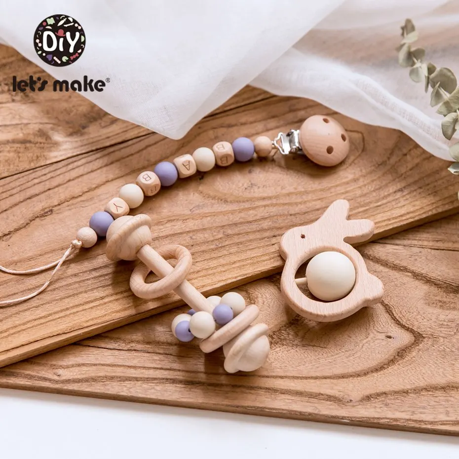 Let's Make 3pc/set Baby Pacifier Chain Holder Foer Nipples Beech Wood Baby Rattle Crib Mobiles Stroller Accessories Baby Toys