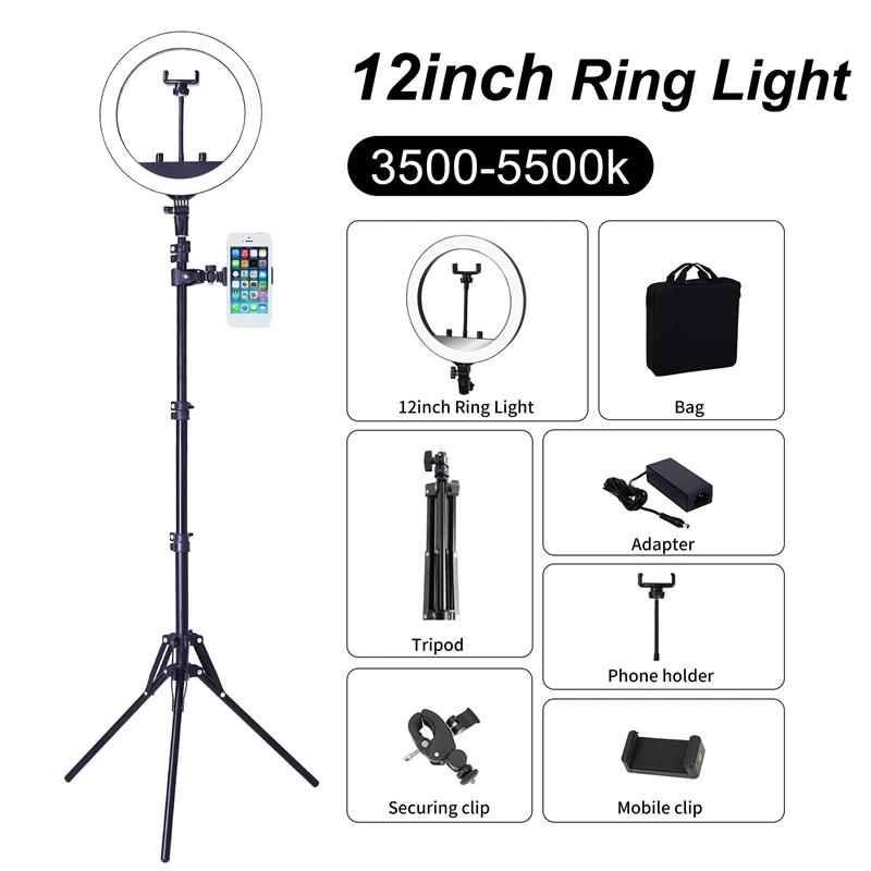 

12 Photography Selfie Ring Light With Stand Live Video Ring Lampe Webcast Youtube Video 3500-5500K Makeup Lampe