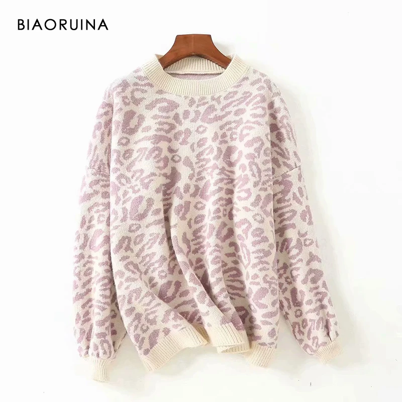 

BIAORUINA Women's Fashion Leopard Knit Sweater O-neck Female Casual Keep Warm Oversized Pullover Ladies Sweet Thick Sweater