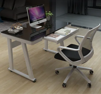 

Computer desk table toughened glass household simple desk economical bedroom student with drawer single study