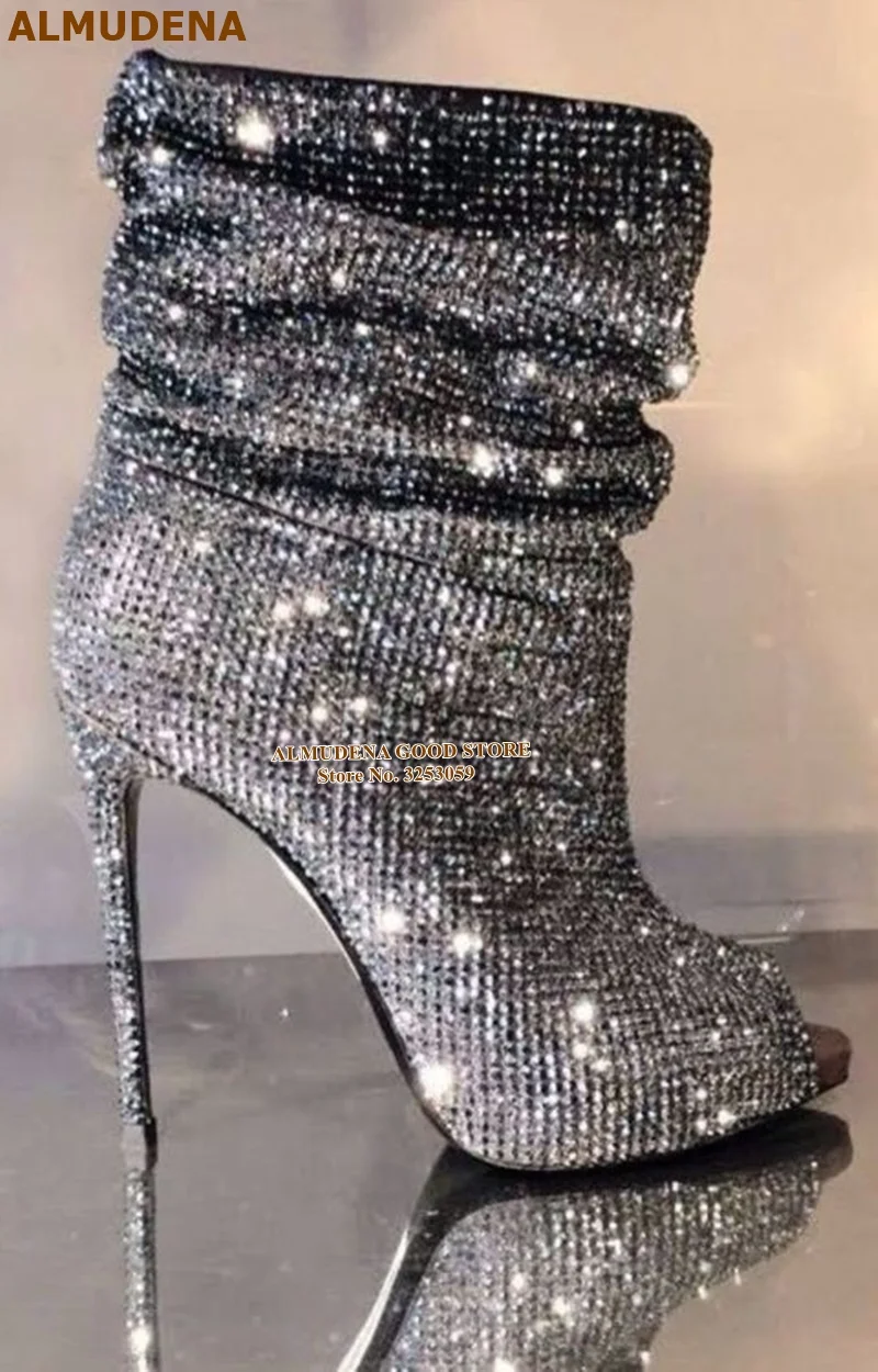 ALMUDENA Для женщин цвета: золотистый, серебристый украшенные кристаллами ботильоны с открытым носком в сложенном виде свободное платье сапоги туфли на шпильках со стразами мотоботы