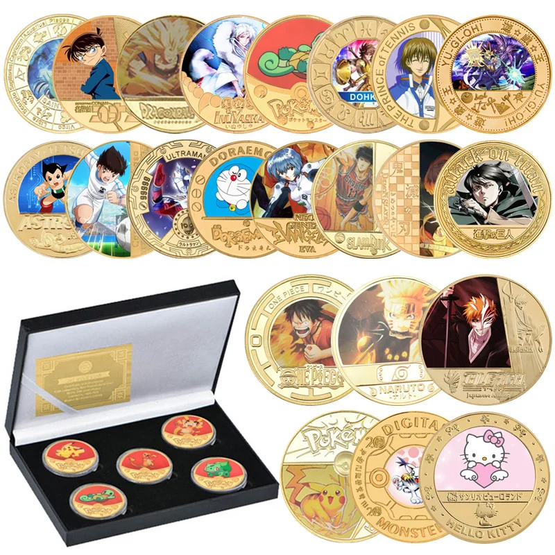 Full Set Japanese Anime Cartoon Gold Plated Commemorative Coin Set with Holder Challenge Coin Original Design Gift for Kids