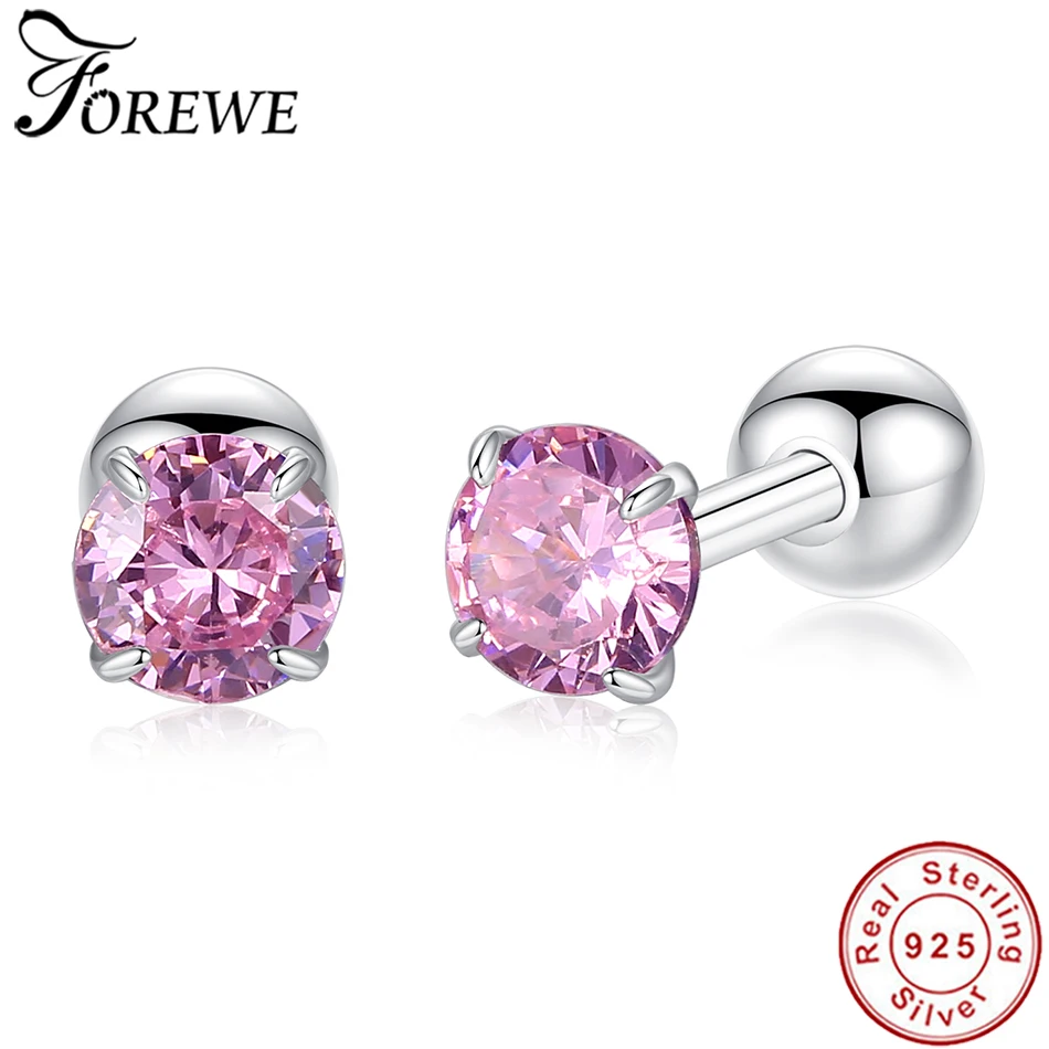 

2019 New Pink Crystal Stud Earrings 925 Sterling Silver Forever Round Earrings for Women Girls Fashion Statement Jewelry Gift