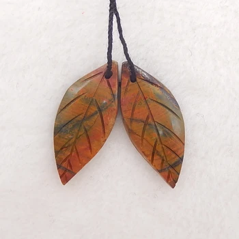 

Birthday gift,Natural Multi-Color Picasso jasper Gemstone Fashion woman Carved Leaf Earrings 29X12X3.5mm，3.4g