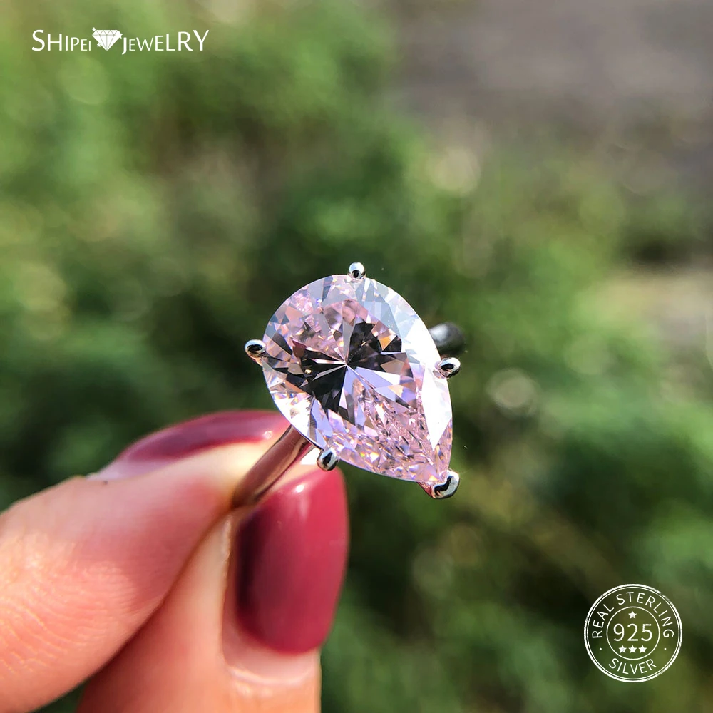 Shipei, настоящее 925 пробы, серебряное кольцо в форме капли воды, созданное муассанитом, аквамарин, драгоценный камень, груша, серебряное кольцо, 925 ювелирное изделие, Свадебный Коктейль - Цвет камня: Pink Sapphire