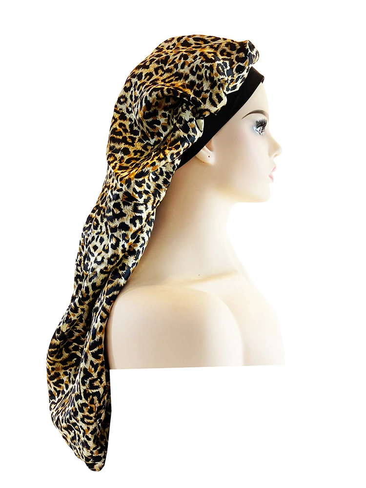 Satin-Mütze, Nachtschlafmütze, breite elastische Bänder, lange Haarpflege, Wickel für Frauen, Leopardenmuster – Detail 16