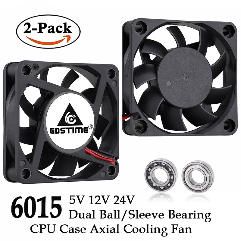 2PCS Gdstime 60mm 6015 DC 5V 12V 24V Fan 6015 60x60x15mm USB Ball Brushless Exhaust Cooling Fan PC Laptop Computer Cooler Fan 2 pieces dual ball bearing dc 24v 12v 5v 3cm 30mm 30x30x10mm 3010 brushless mini cooler cooling fan 3d printer cooler fan