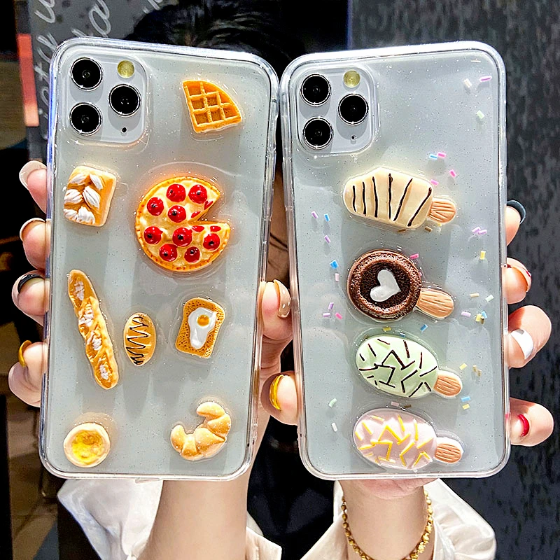 3D Cute Clear Food Pizza Bread Ice Cream Phone Case For iPhone 11Pro Case SE XR XS MAX 7 8 6 Plus Transparent Soft Glitter Cover