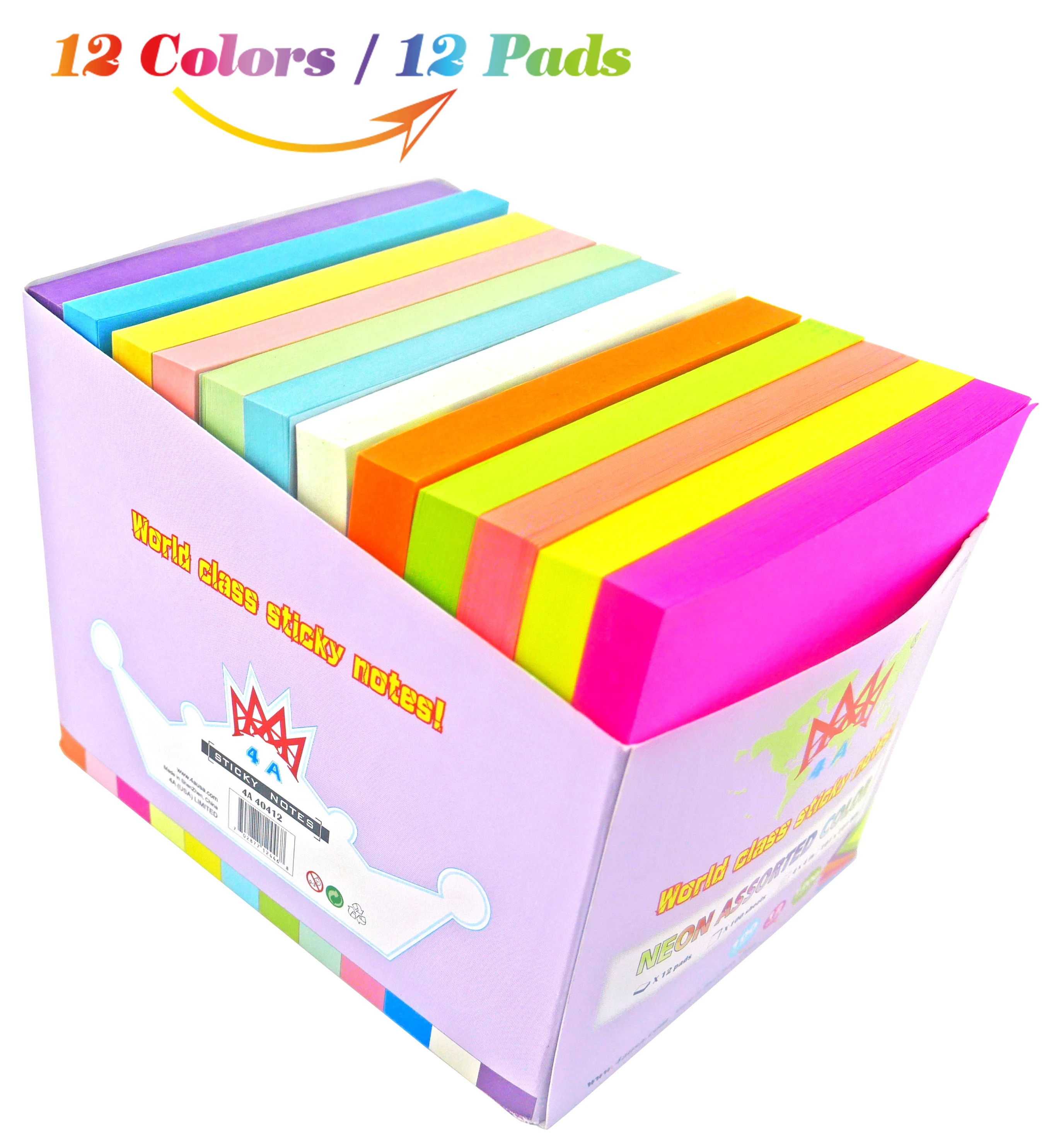 4A Sticky Notes 4 x Inches Neon Assorted 12 Colors Self-Stick 100 Sheets/Pad Pads/Pack 40412 | Канцтовары для офиса и дома