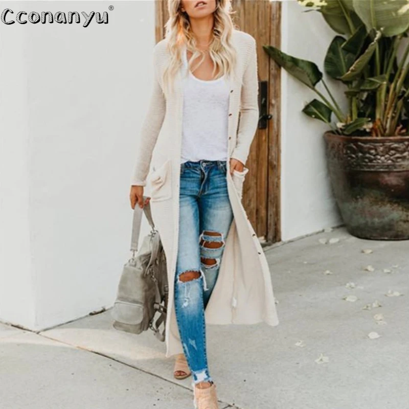 

Sexy Button Pocket Long Cardigan Sweater 2019 Autumn Winter Long Sleeve Casual Loose Knitted Sweater