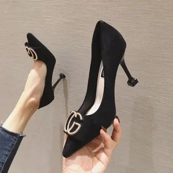 

Spring heels 2020 Women High Heels Brand Pumps Women Shoes Pointed Toe Party Shoes Thin Heels Metal Decoration Wedding Shoes