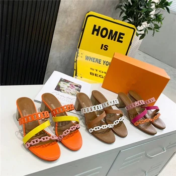 

Real Leather Mules Designer Slippers Square Peep Toe High Heels Slippers Summer Party Shoes Woman zapatos mujer 2020 Newest