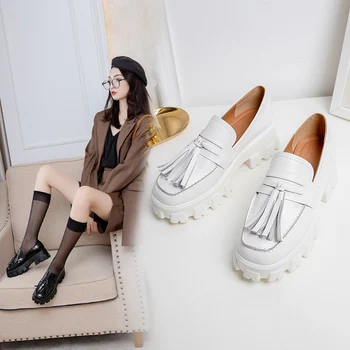 

Women's Shoes Spring Platforms Flats 2021 Ladies Gothic Thick Sole Loafers tassel Genuine Leather Shoes Footwear sapato feminino