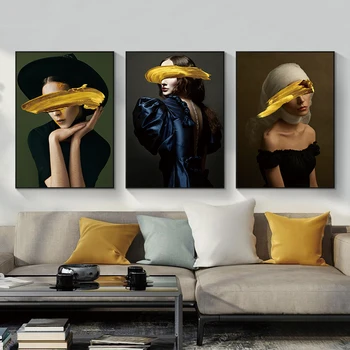 

Nordic Floral Flower Woman Blue Gold Cover Eyes Cuadros Abstract Canvas Painting Wall Art Canvas Poster Print Picture Home Decor
