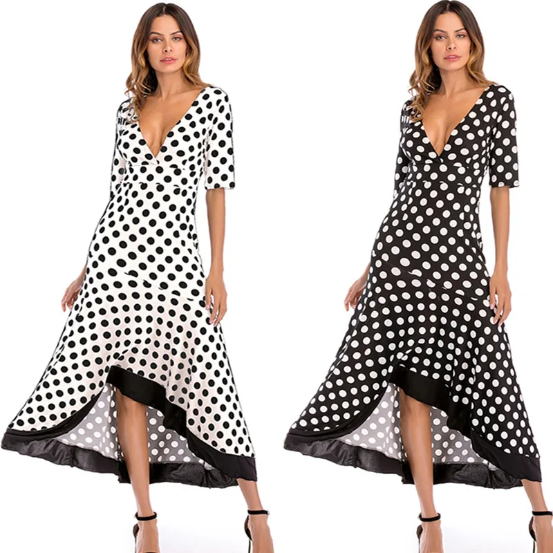 

2020 Summer Polka Dot Dress Seaside Vacation Beach Skirt Short-sleeved V-neck Sexy Bohemian Style