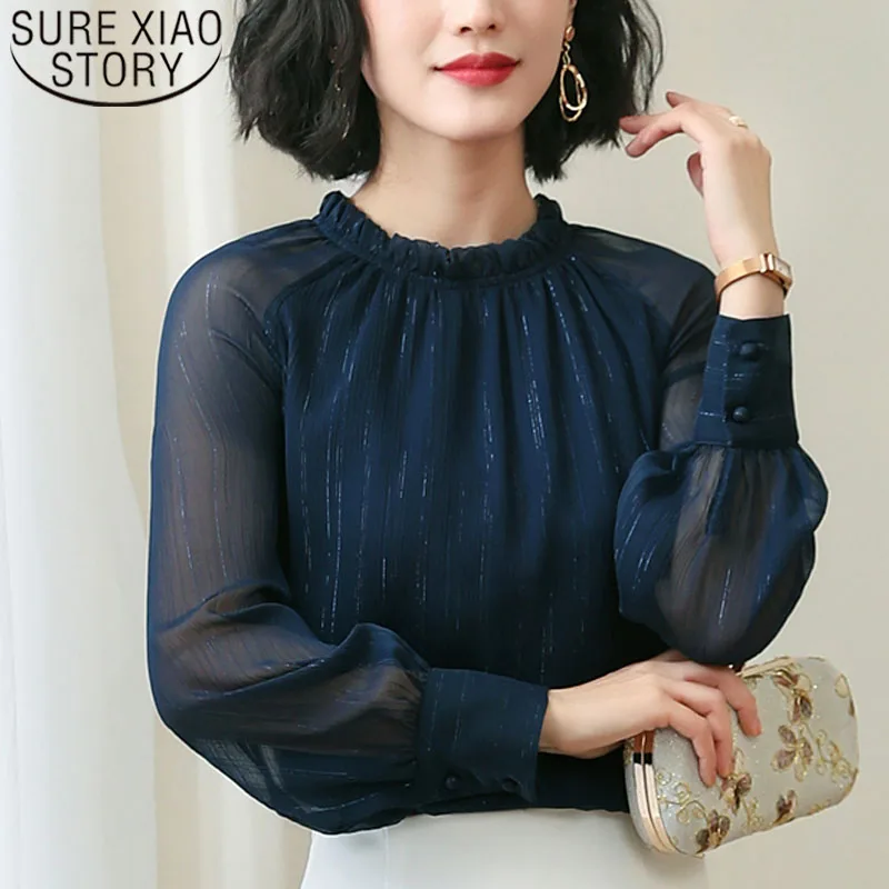 2021 Модные женские шифоновые блузки с длинным рукавом и О-образным вырезом