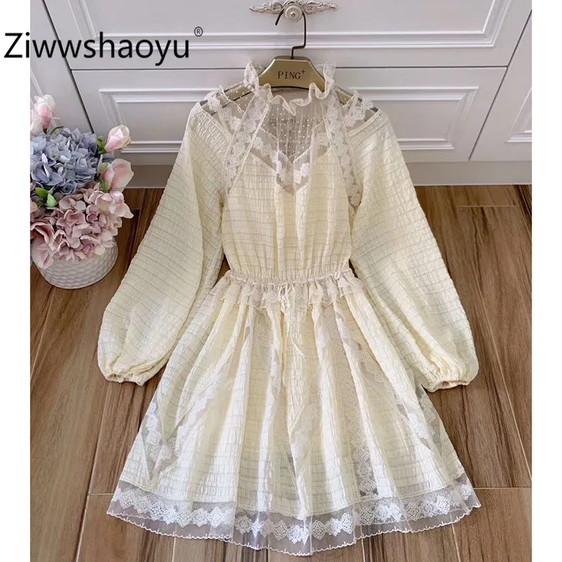 Ziwwshaoyu дизайнерский высококачественный осенний хлопок ярд на заказ Вышивка Флокирование точечный фонарь рукав Элегантные платья для женщин